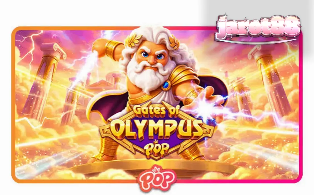 Tampilan visual slot Gates of Olympus POP dengan Zeus yang tersenyum